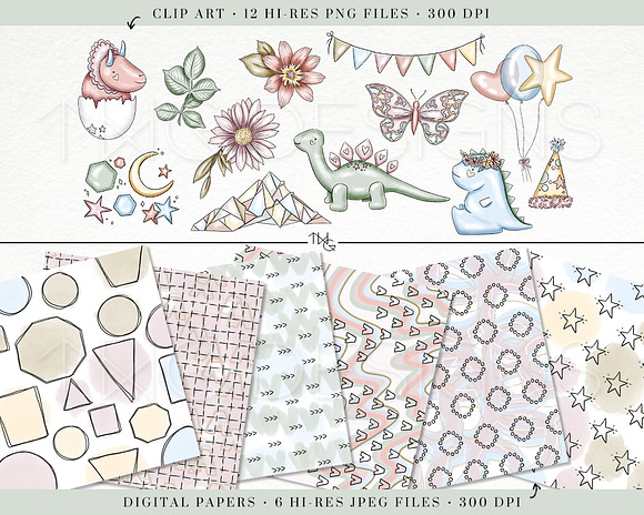 Cute Dinosaur Clip Art & Paper Set in Illustrations - product preview 1
