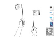 Human hands waving two small flags