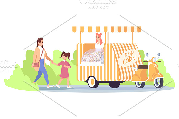 Popcorn food truck flat illustration