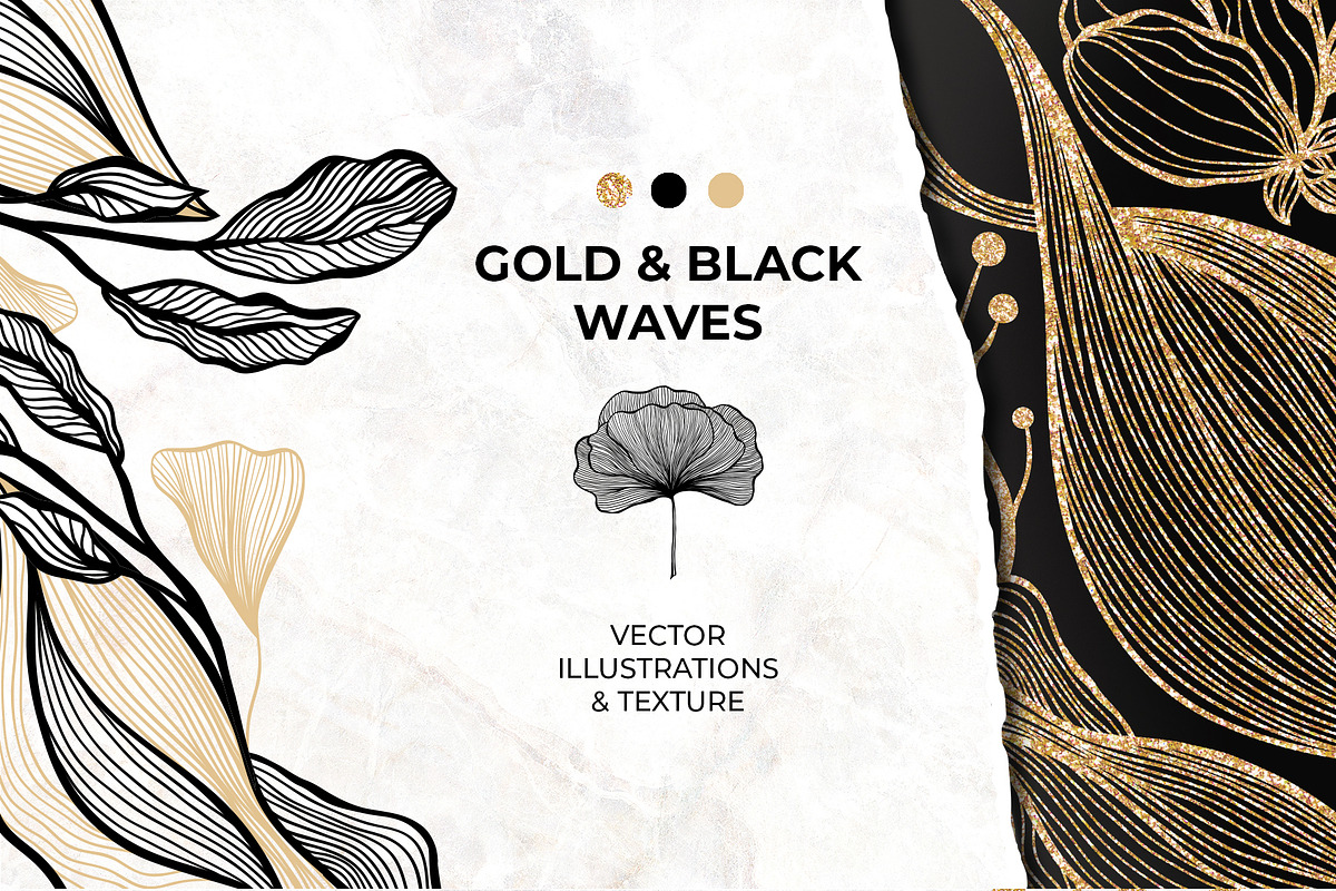 Gold & Black Waves. Lines, Flowers in Objects - product preview 8