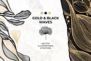 Gold & Black Waves. Lines, Flowers