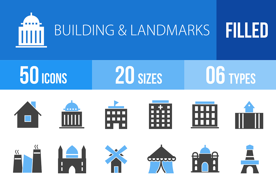 50 Buildings Blue & Black Icons