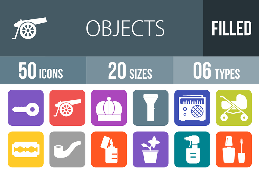 50 Objects Flat Round Corner Icons