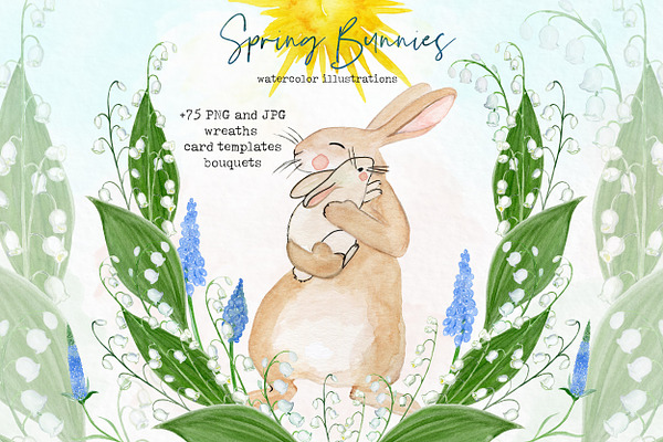 Spring Bunnies. Watercolor clipart