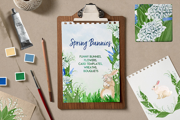 Spring Bunnies. Watercolor clipart in Illustrations - product preview 1