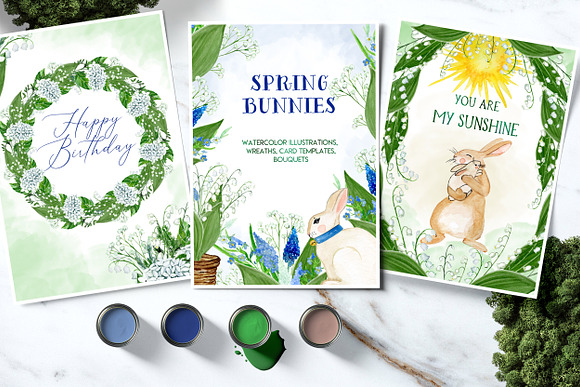 Spring Bunnies. Watercolor clipart in Illustrations - product preview 3