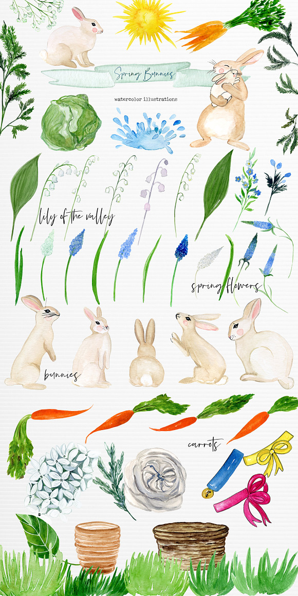 Spring Bunnies. Watercolor clipart in Illustrations - product preview 7