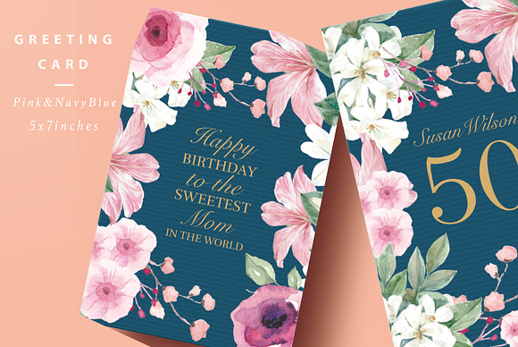 Pink & Navy Blue Greeting Card in Postcard Templates - product preview 3
