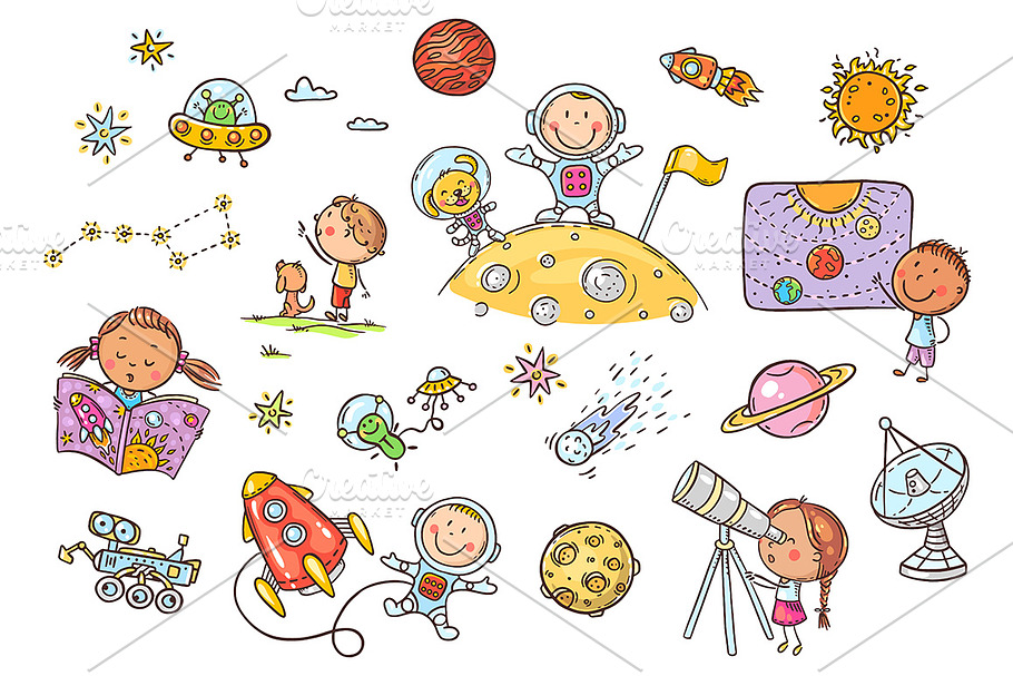 Cartoon space and astronauts set in Illustrations - product preview 8