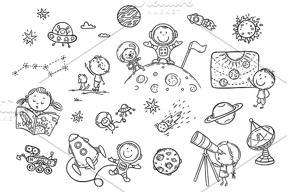 Cartoon space and astronauts set in Illustrations - product preview 1