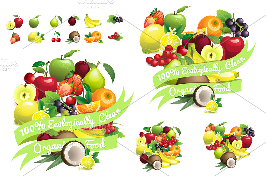 Fruit set+ heart&circle with ribbons in Illustrations - product preview 8
