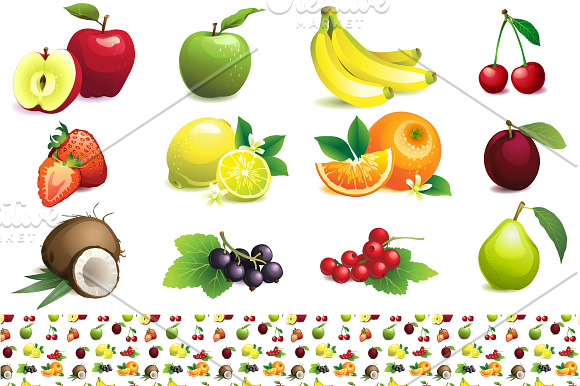 Fruit set + seamless fruit pattern in Illustrations - product preview 1