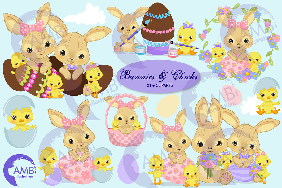 Easter bunny and chicks clipart