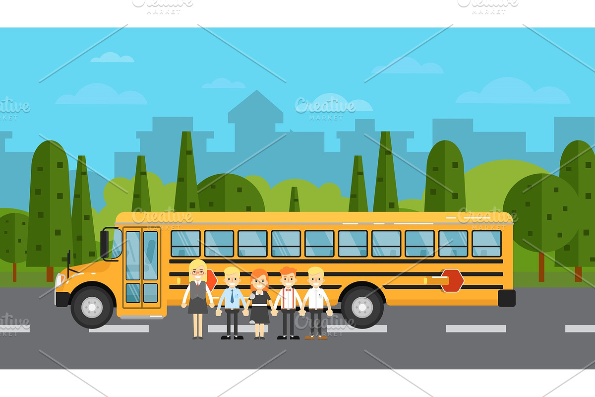 School children near school bus on in Illustrations - product preview 8