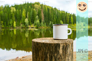 White campfire mug mockup with river