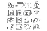 Money icons set in hand drawn style