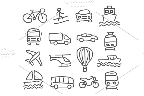 Transport icons in hand drawn style