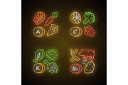 Vitamins neon light icons set