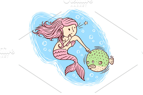 Mermaids and pufferfish illustration