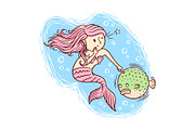 Mermaids and pufferfish illustration