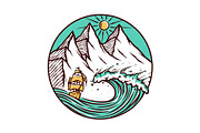 Mountain and ship illustration