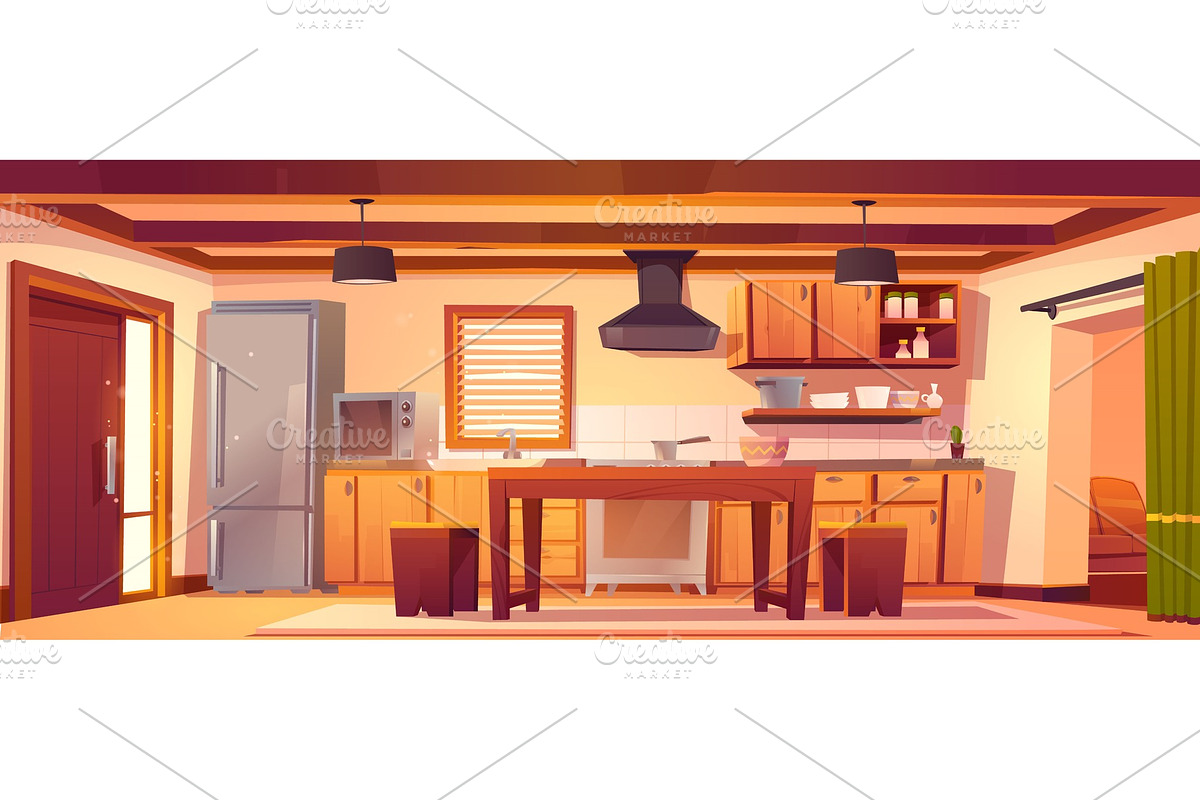 Vector kitchen interior in rustic in Objects - product preview 8