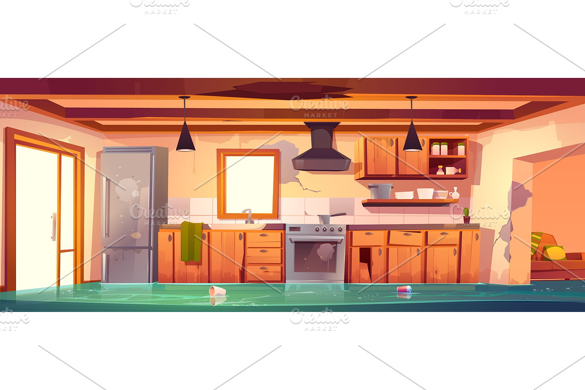 Flooded rustic kitchen, abandoned in Objects - product preview 8