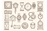Watches set. Drawing clocks timers