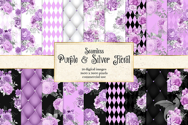 Purple & Silver Floral Digital Paper