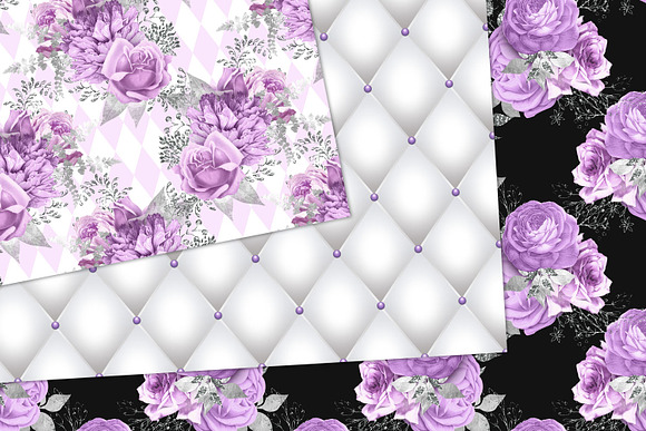 Purple & Silver Floral Digital Paper in Patterns - product preview 1