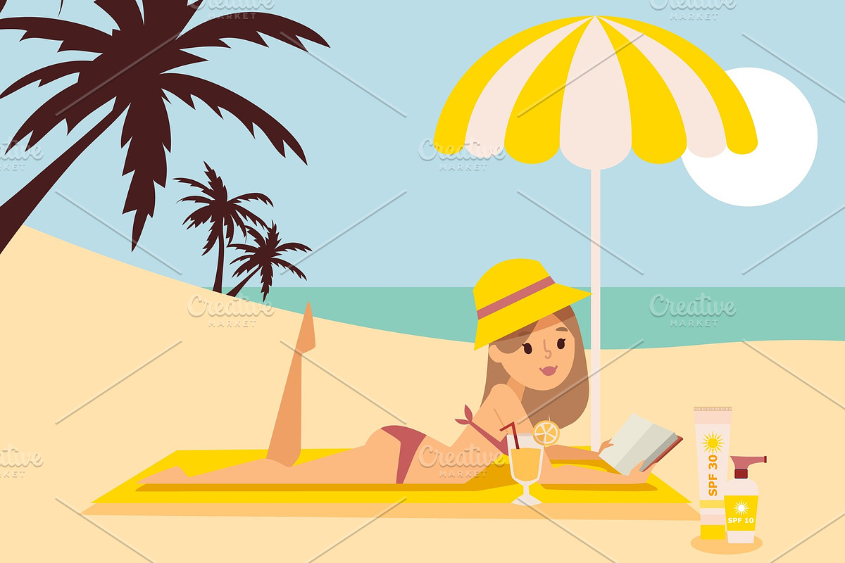 Girl is resting on beach under in Illustrations - product preview 8