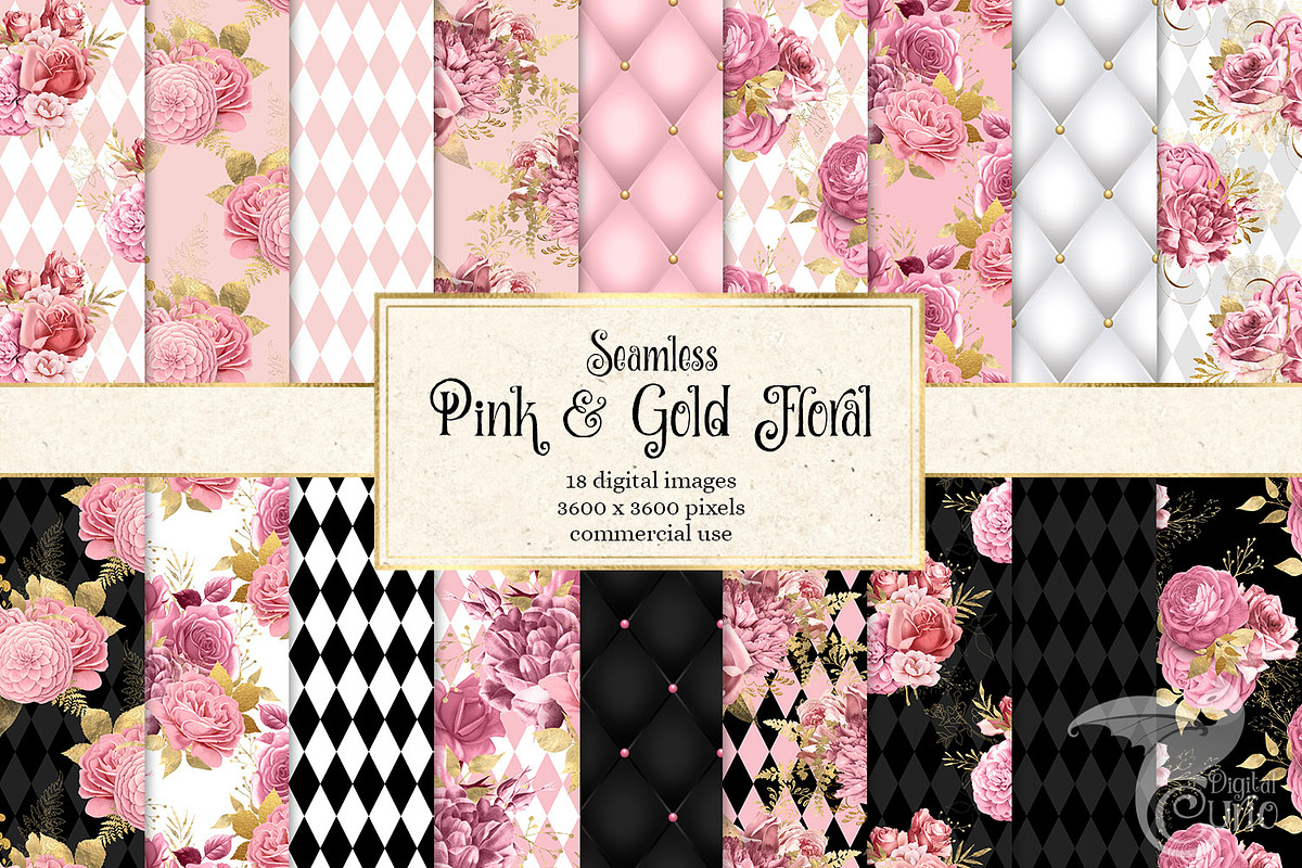 Pink & Gold Floral Digital Paper in Patterns - product preview 8