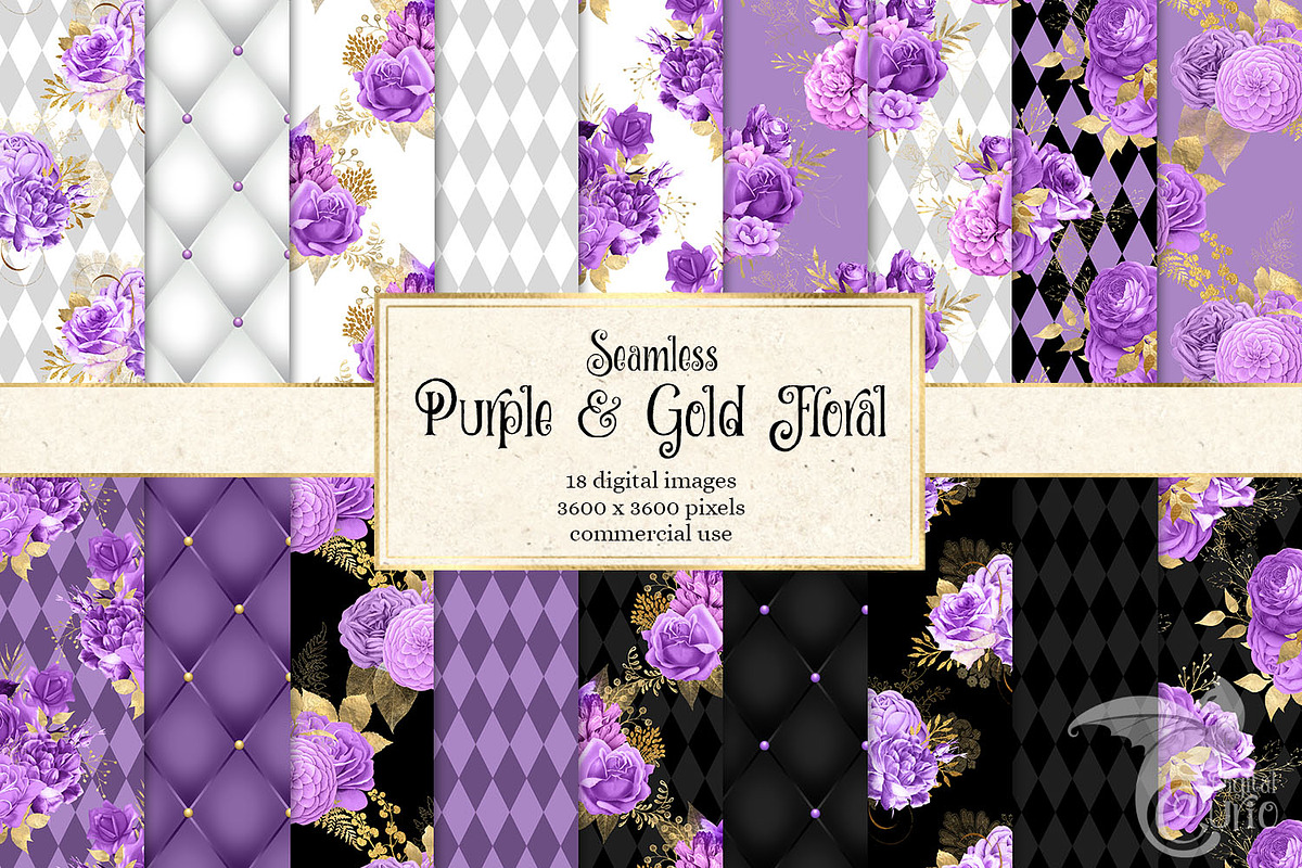 Purple & Gold Floral Digital Paper in Patterns - product preview 8