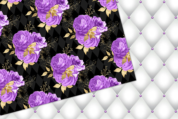 Purple & Gold Floral Digital Paper in Patterns - product preview 1
