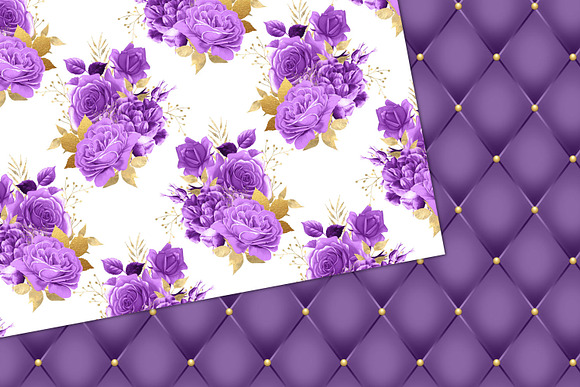Purple & Gold Floral Digital Paper in Patterns - product preview 2