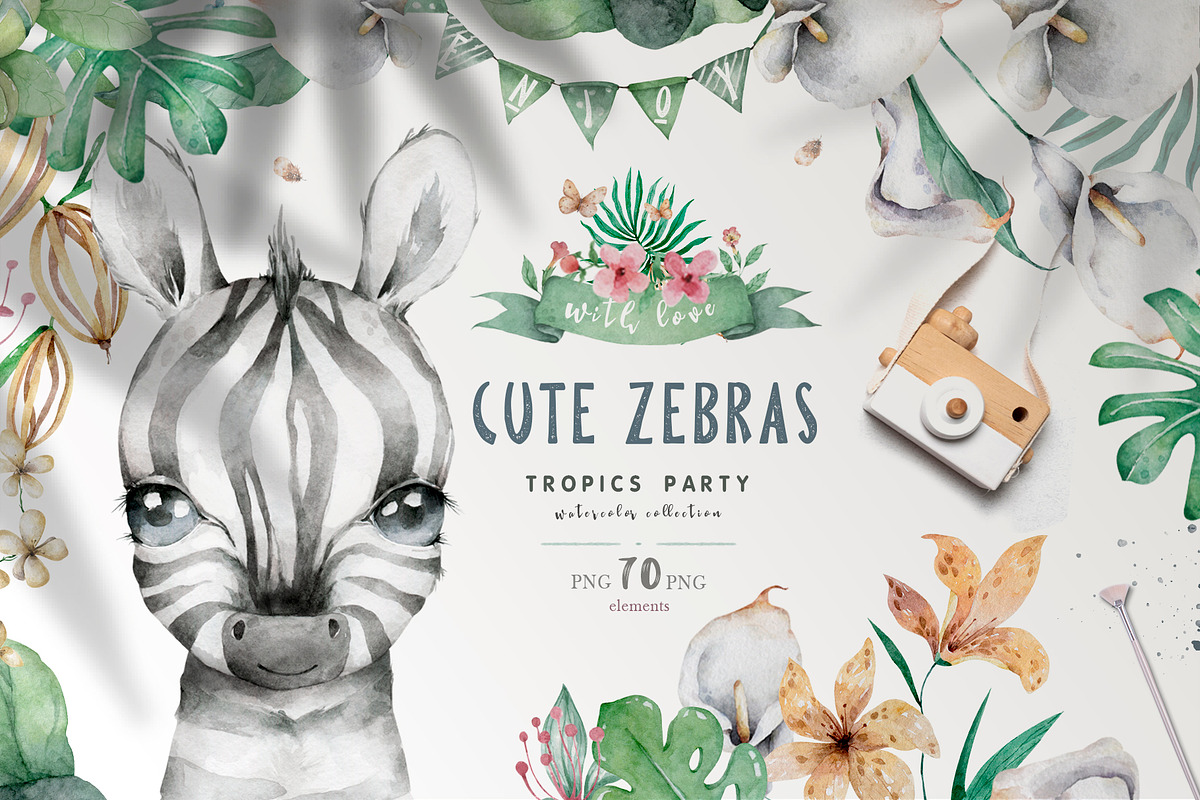 Cute Zebras Watercolor Jungle in Illustrations - product preview 8