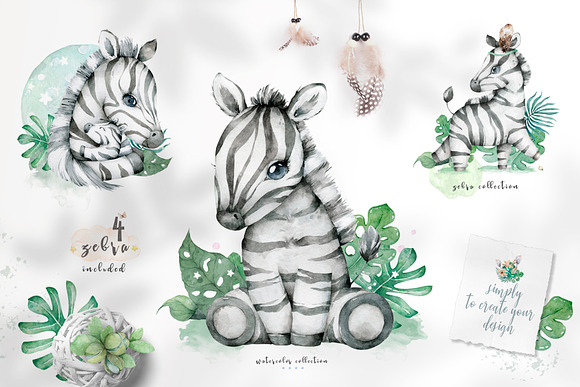 Cute Zebras Watercolor Jungle in Illustrations - product preview 1