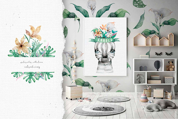 Cute Zebras Watercolor Jungle in Illustrations - product preview 9