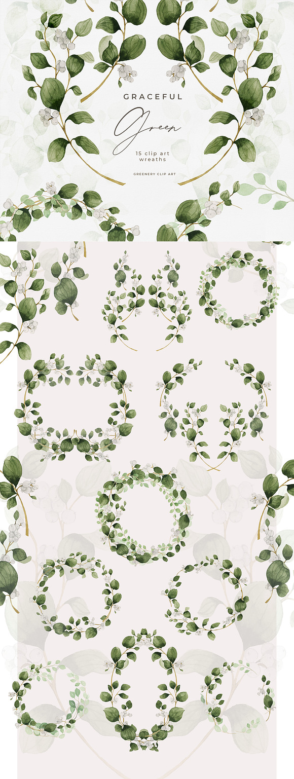 Watercolor Greenery Wreath Clipart in Illustrations - product preview 5