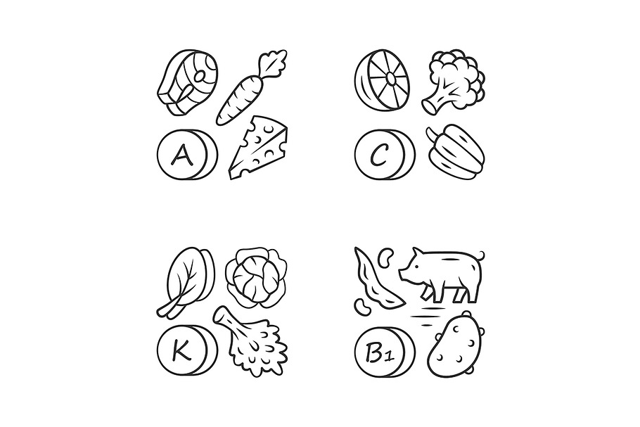 Vitamins linear icons set