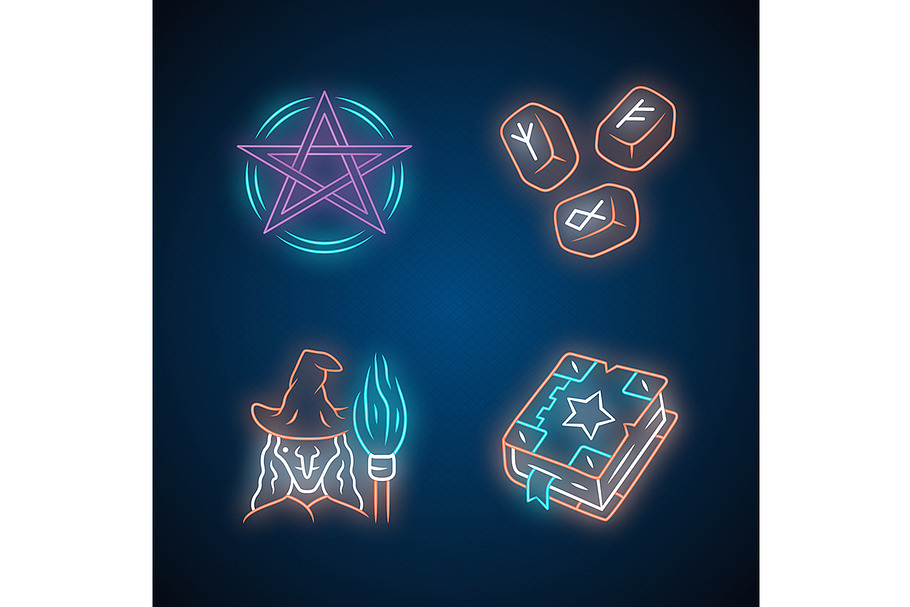 Magic neon light icons set