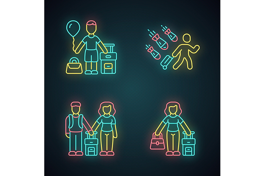 Refugees neon light icons set