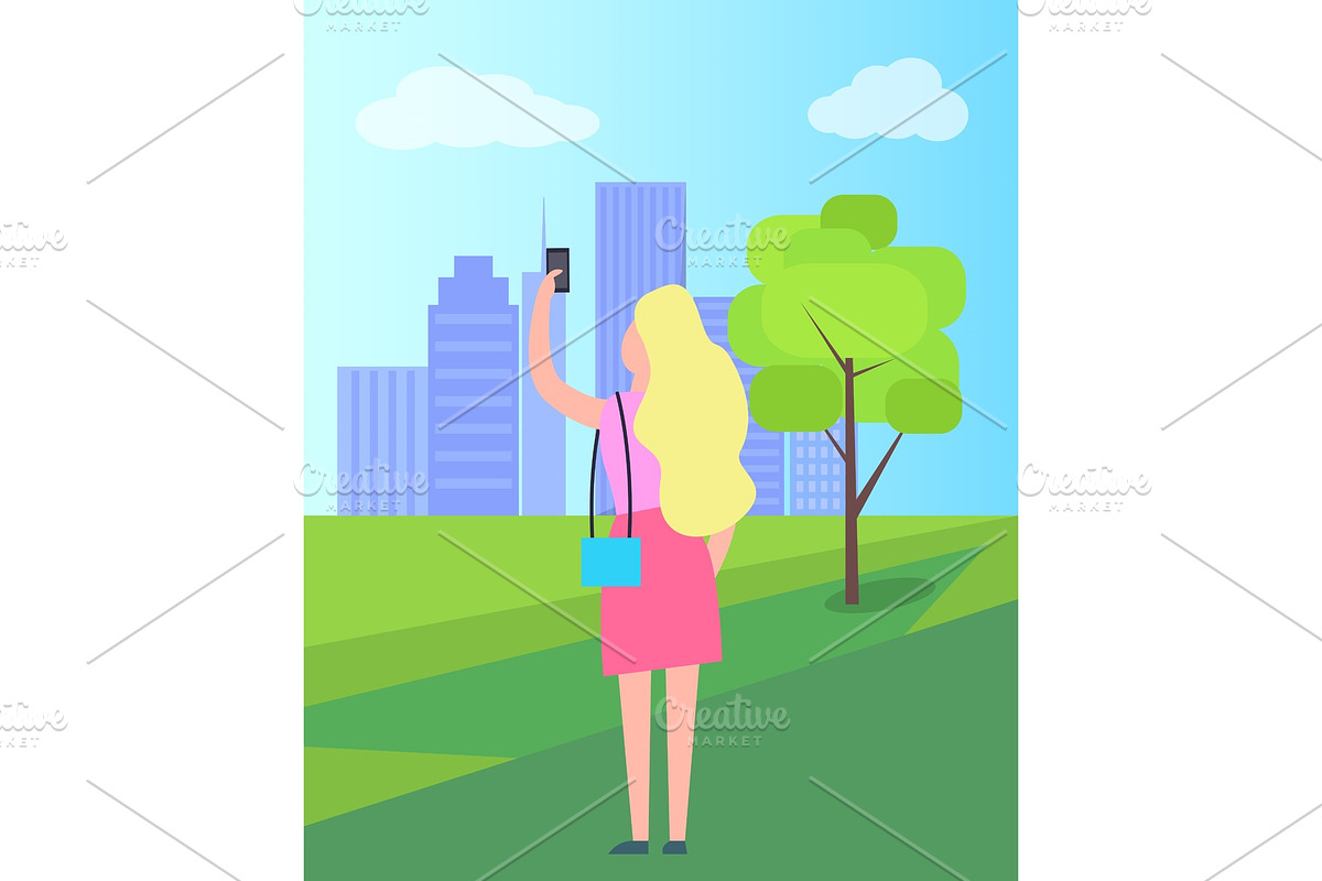 Woman Taking Selfie in City Park in Illustrations - product preview 8