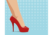 Red fashionable shoes on female foot