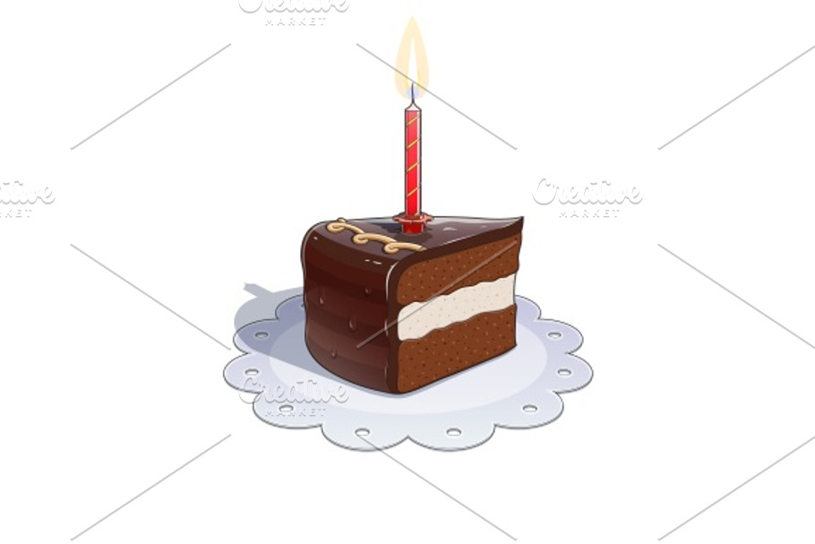 Piece of chocolate cake with candle in Illustrations - product preview 8