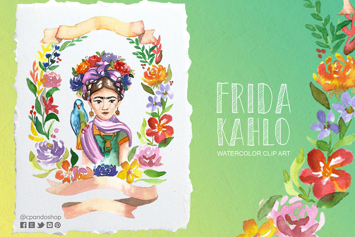 Frida Kahlo watercolor clip art in Illustrations - product preview 8