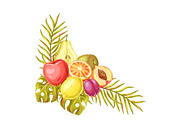 Background with ripe fruits and palm