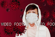 Masked Woman and Red Viruses Flying