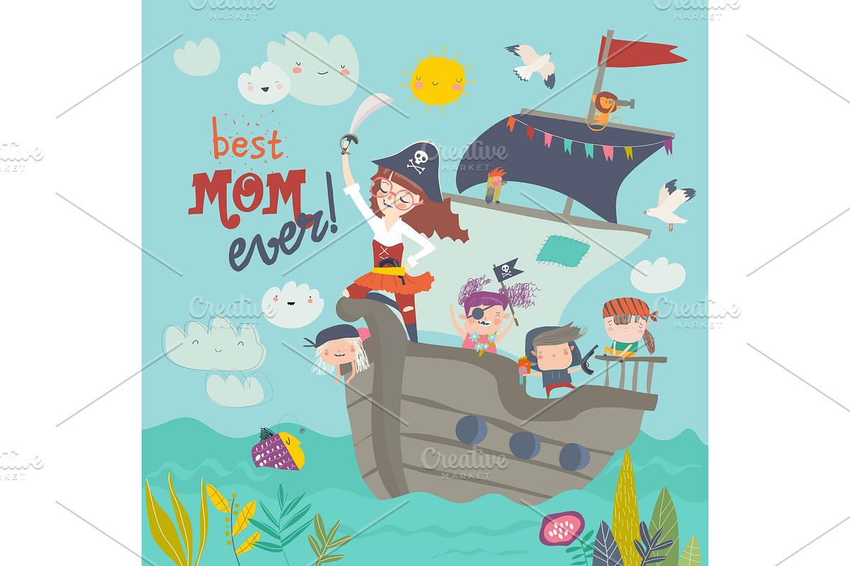 Cute mother pirate sailing with her in Illustrations - product preview 8