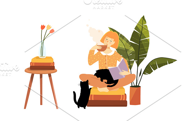 Woman Reading Book and Drinking Tea in Illustrations - product preview 2